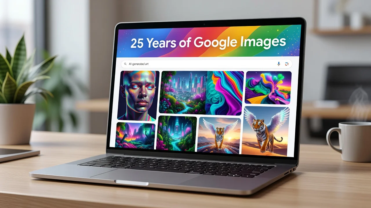 Google Images 25th anniversary illustration showing AI features on a laptop screen