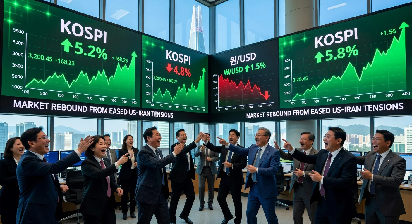 Seoul stock traders celebrate as KOSPI surges 5% on screens amid falling oil prices and eased US-Iran tensions, with city skyline in background.