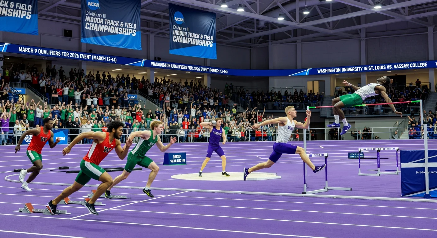 Division III track athletes from various colleges competing and celebrating at the NCAA Indoor Championships in Birmingham, Alabama.