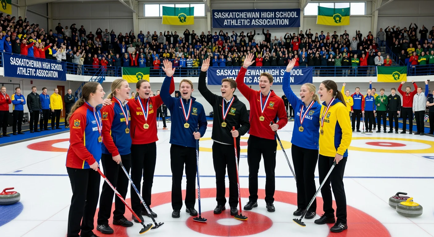 High school curlers from Saskatchewan celebrating gold medals at SHSAA provincial championships on the ice rink.