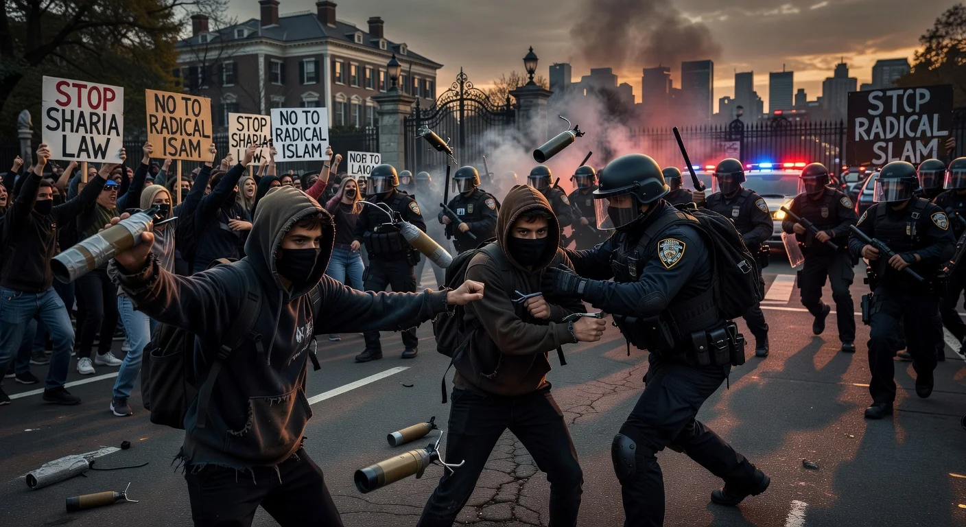 Illustrative photo of teens throwing IEDs during anti-Islam protest at NYC mayor's mansion, police responding.