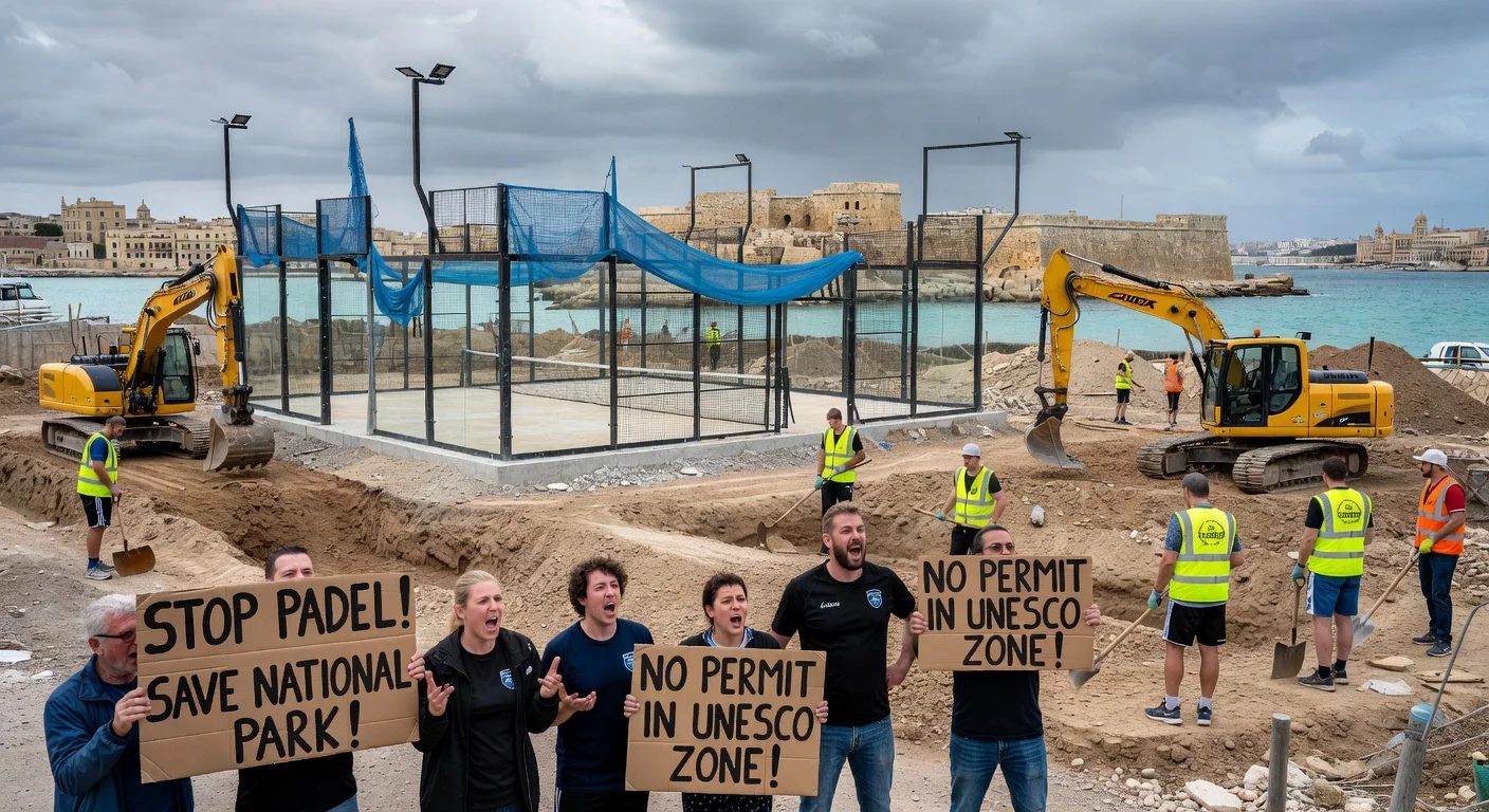 Activists protesting illegal padel courts by Gżira United FC on Manoel Island in Malta's UNESCO buffer zone.