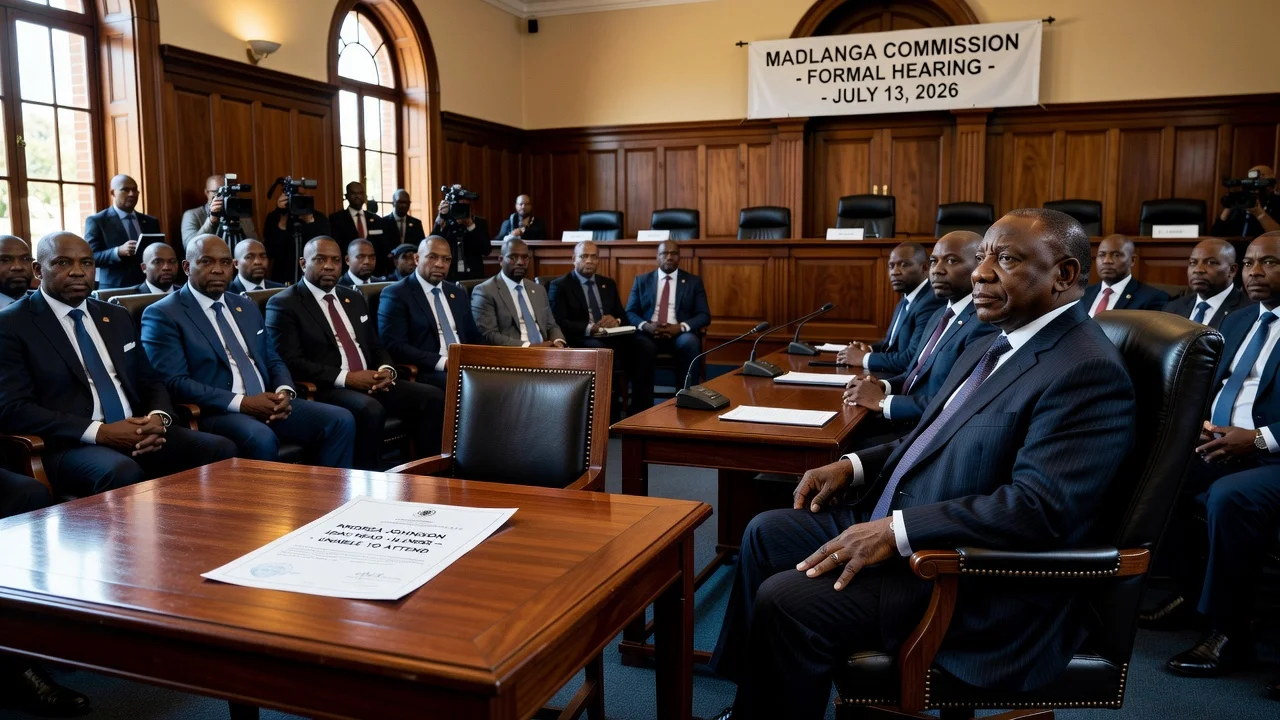 Illustration of empty witness stand at Madlanga Commission as Andrea Johnson misses testimony due to illness, President Ramaphosa present.