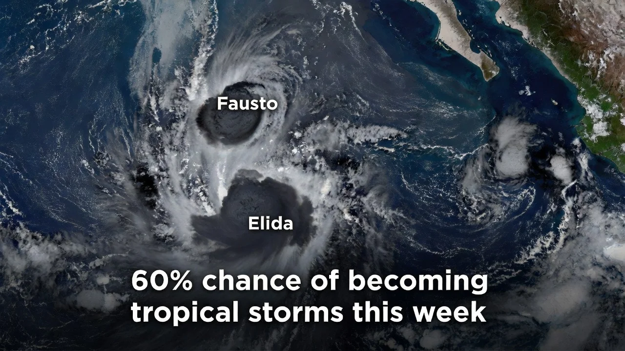 Satellite image of low pressure systems in the Pacific that could form into cyclones Elida and Fausto.