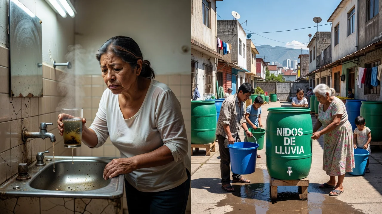 Residents in Guadalajara facing discolored water from taps and using rainwater collection as alternative supply.