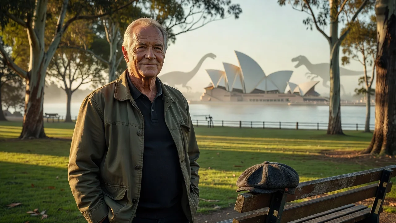 Realistic portrait of Sam Neill with Jurassic Park and Peaky Blinders elements set in Sydney for obituary news article.