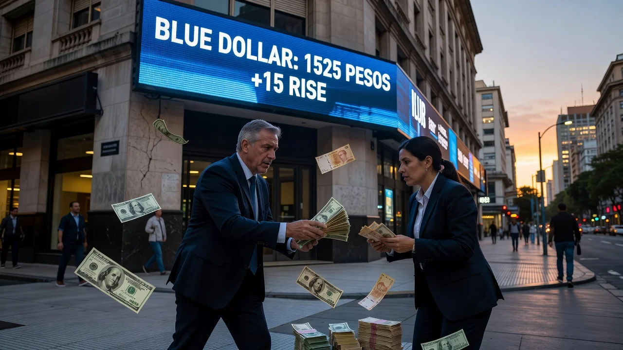 Illustration of rising blue dollar rate in Argentina showing currency exchange at 1525 pesos.