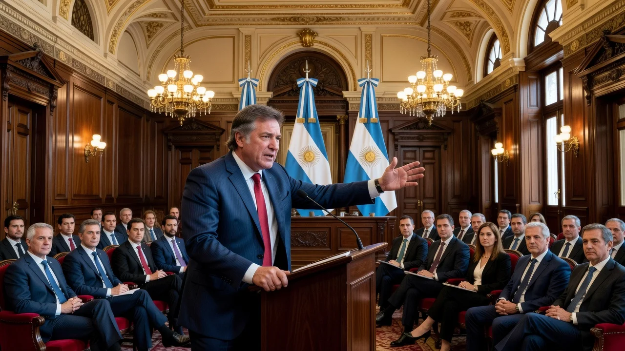 President Javier Milei presenting central bank reform details to lawmakers at Casa Rosada.