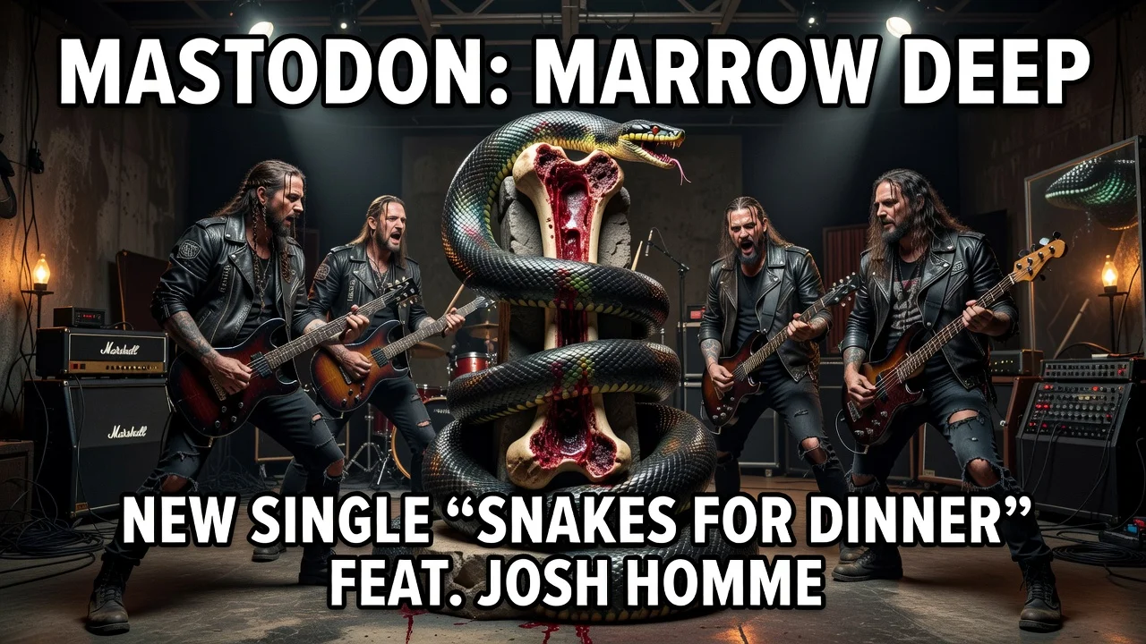 Illustration of Mastodon band's new album announcement featuring snakes and bone marrow with Josh Homme.