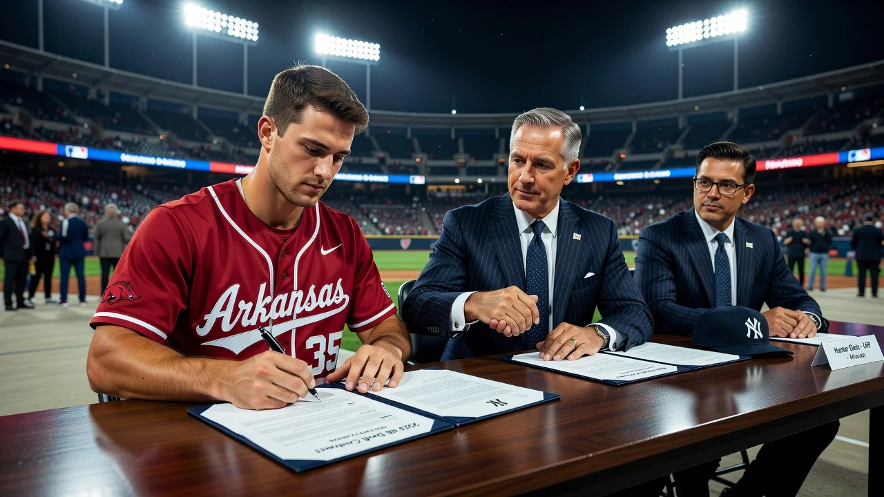Illustration of Hunter Dietz signing a contract with the New York Yankees.