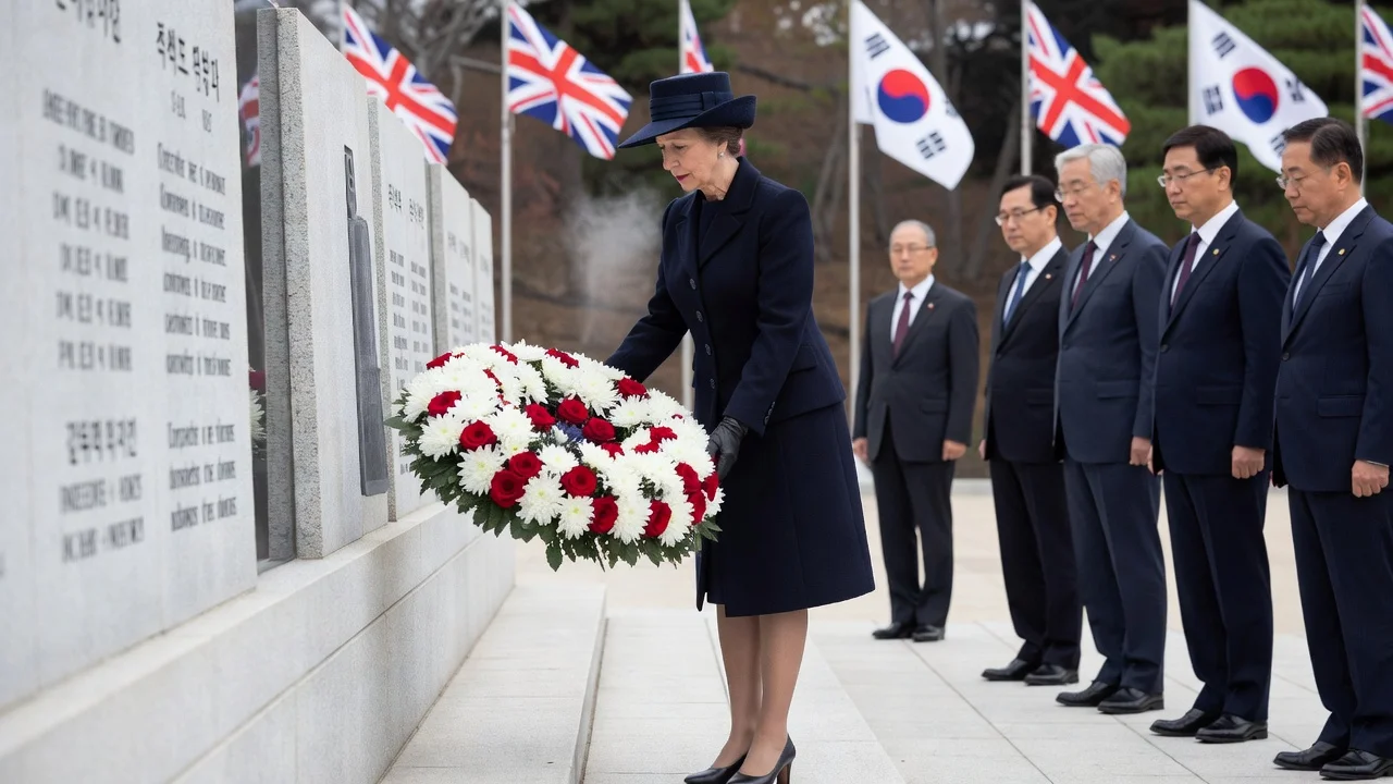 Princess Anne at a Korean War memorial ceremony in South Korea with flags.