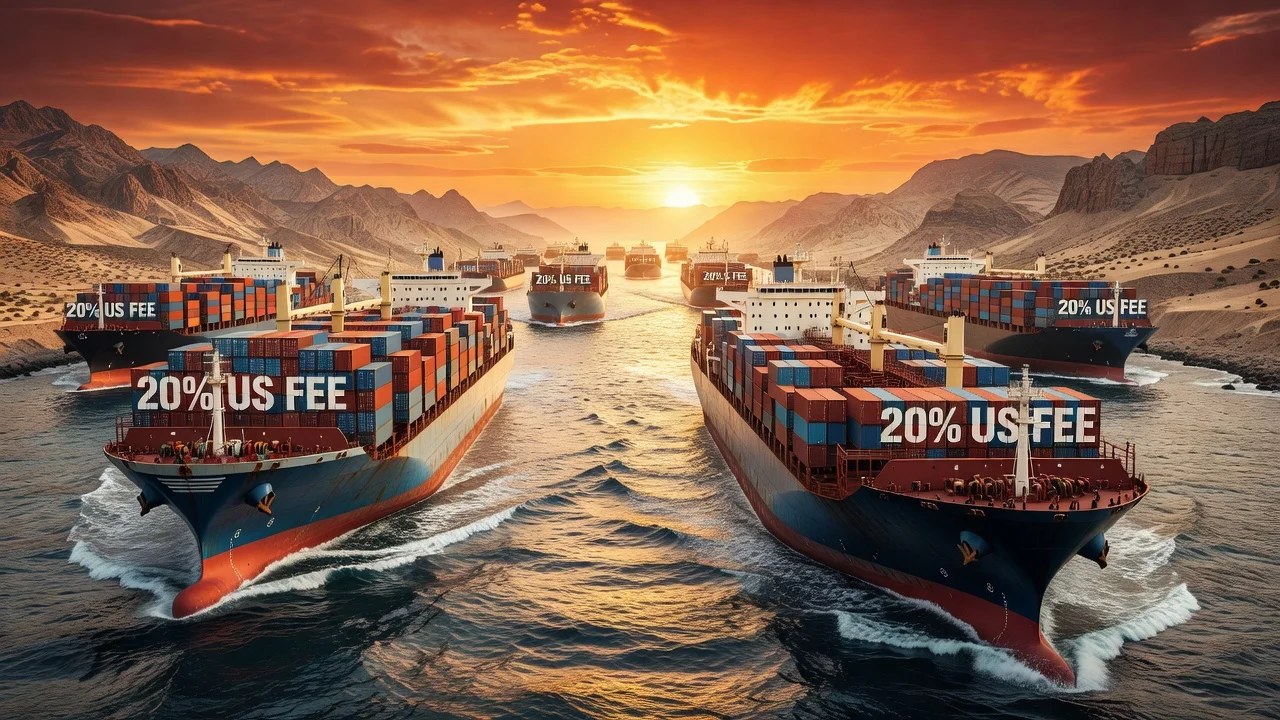 Illustration of cargo ships in the Strait of Hormuz highlighting a new 20% US transit fee.