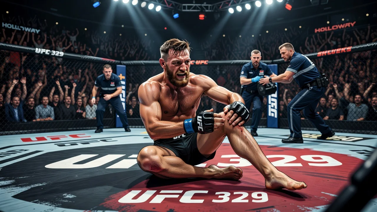 Conor McGregor clutching his injured knee in the octagon at UFC 329.