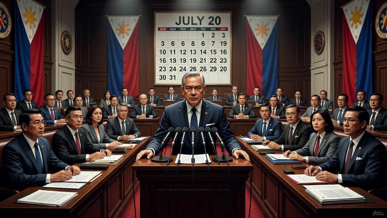 A photorealistic depiction of the Senate impeachment court session featuring NBI Director Melvin Matibag's testimony, with a calendar highlighting the rescheduled date of July 20.