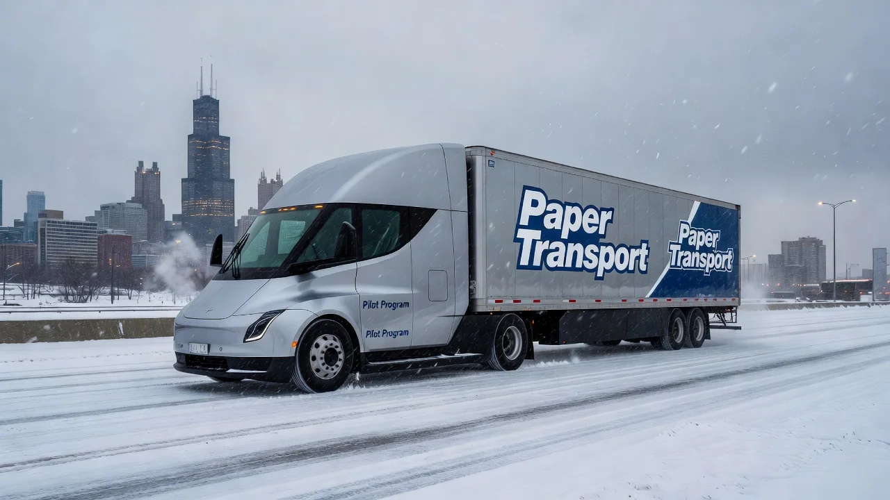 A Tesla Semi truck from Paper Transport driving on snowy roads near Chicago skyline during winter for their cold weather pilot program.