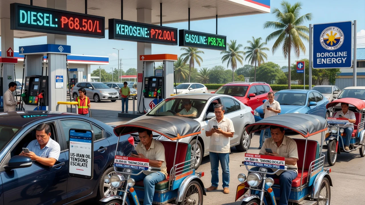 Filipino motorists at a gas station facing higher diesel and kerosene prices amid global oil tensions.