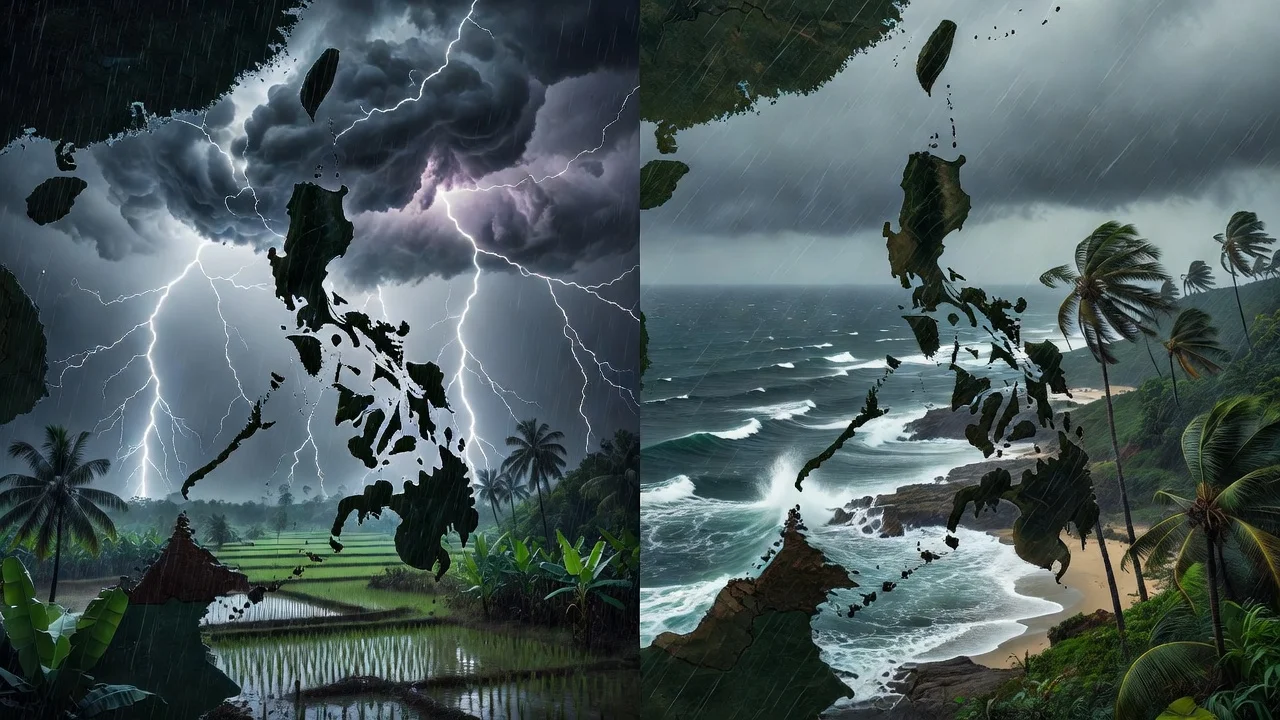 Illustration of thunderstorms in Visayas and habagat winds in northern Luzon forecasted by PAGASA