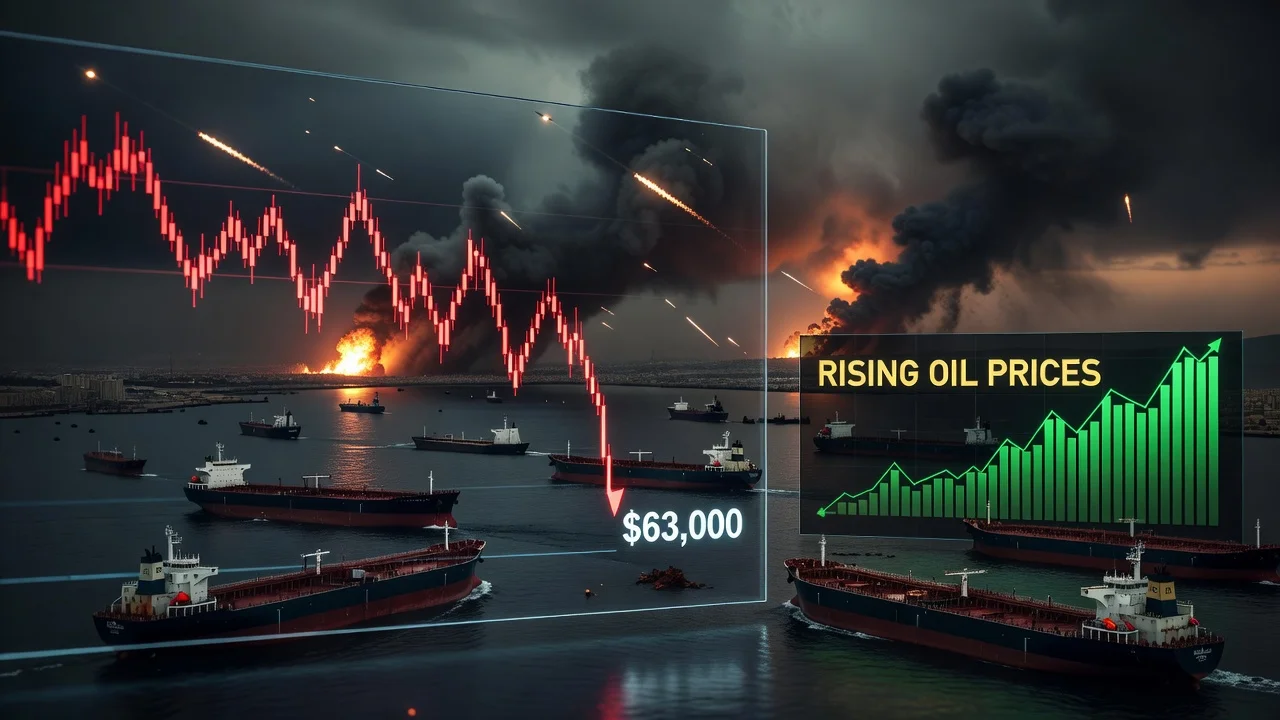 Bitcoin price chart crashing due to U.S.-Iran geopolitical tensions and rising oil prices
