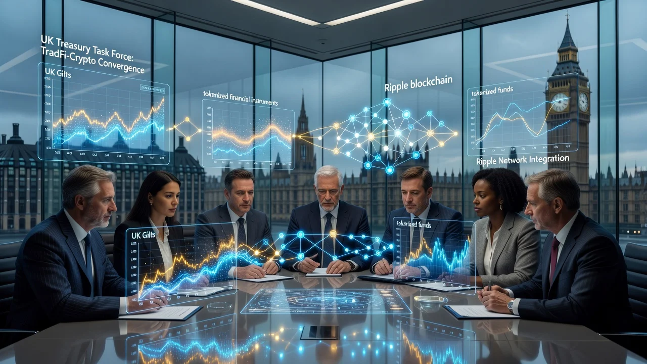 Illustration of UK officials discussing tokenized markets with Ripple integration in a London office setting.
