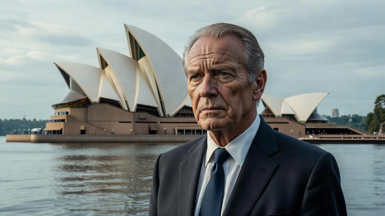 A photorealistic portrait of Sam Neill with the Sydney Opera House in the background, conveying a somber tone for his obituary.
