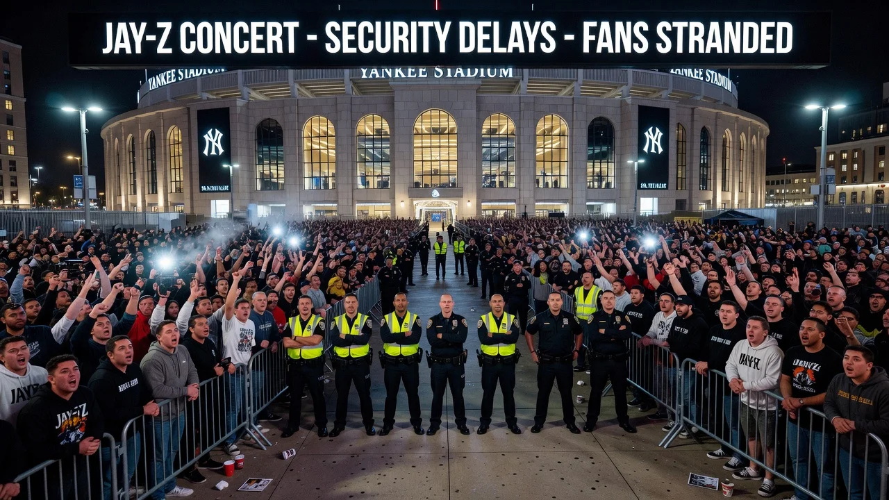 Frustrated fans stranded outside Yankee Stadium during Jay-Z's concert delays due to security problems.