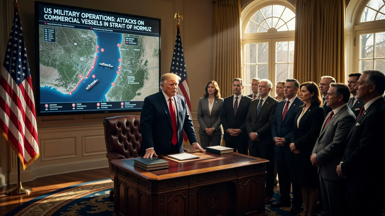 Illustration depicting President Trump informing Congress of resumed military actions against Iran after vessel attacks in the Strait of Hormuz.