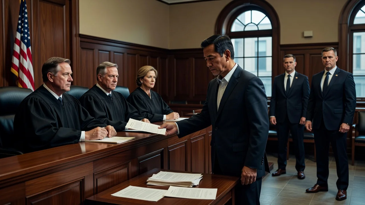 Illustration of a Laotian man being granted clemency in a Minnesota court before deportation by federal authorities.