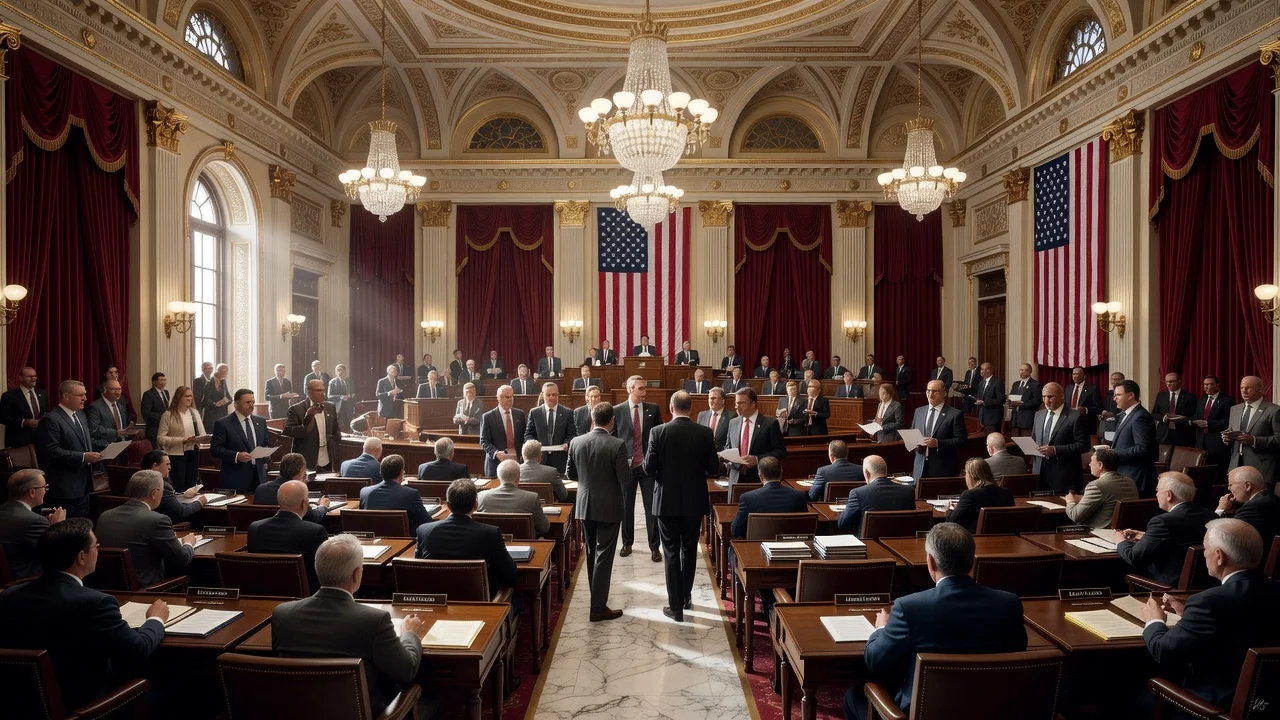 Illustration of the US Senate chamber with empty seats symbolizing absent senators amid busy confirmation hearings.