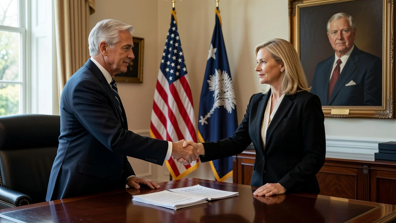 Governor McMaster appoints Darline Graham Nordone to the Senate in his office, with Lindsey Graham's portrait in the background.