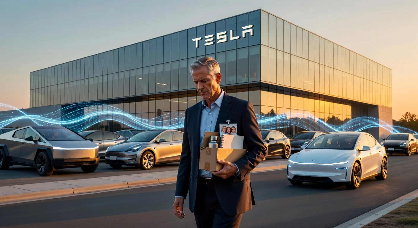 Tesla executive Thomas Dmytryk departs headquarters with personal box, Robotaxi and OTA tech in background.