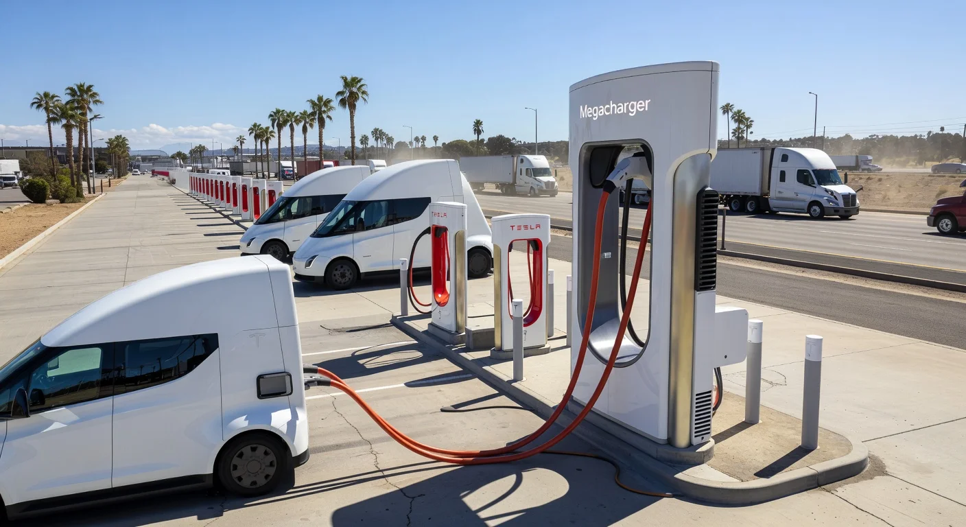 Tesla's first Megacharger station for Semi trucks in Ontario, California, with electric semis charging in a key freight corridor.