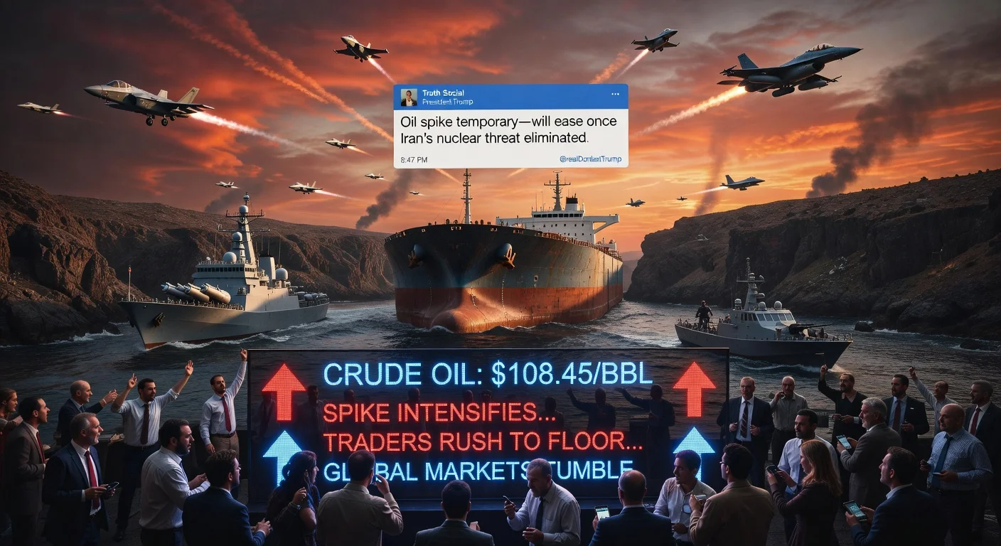 Realistic illustration of oil tanker in Strait of Hormuz amid U.S.-Israel-Iran tensions, with surging oil prices over $100 and Trump quote.
