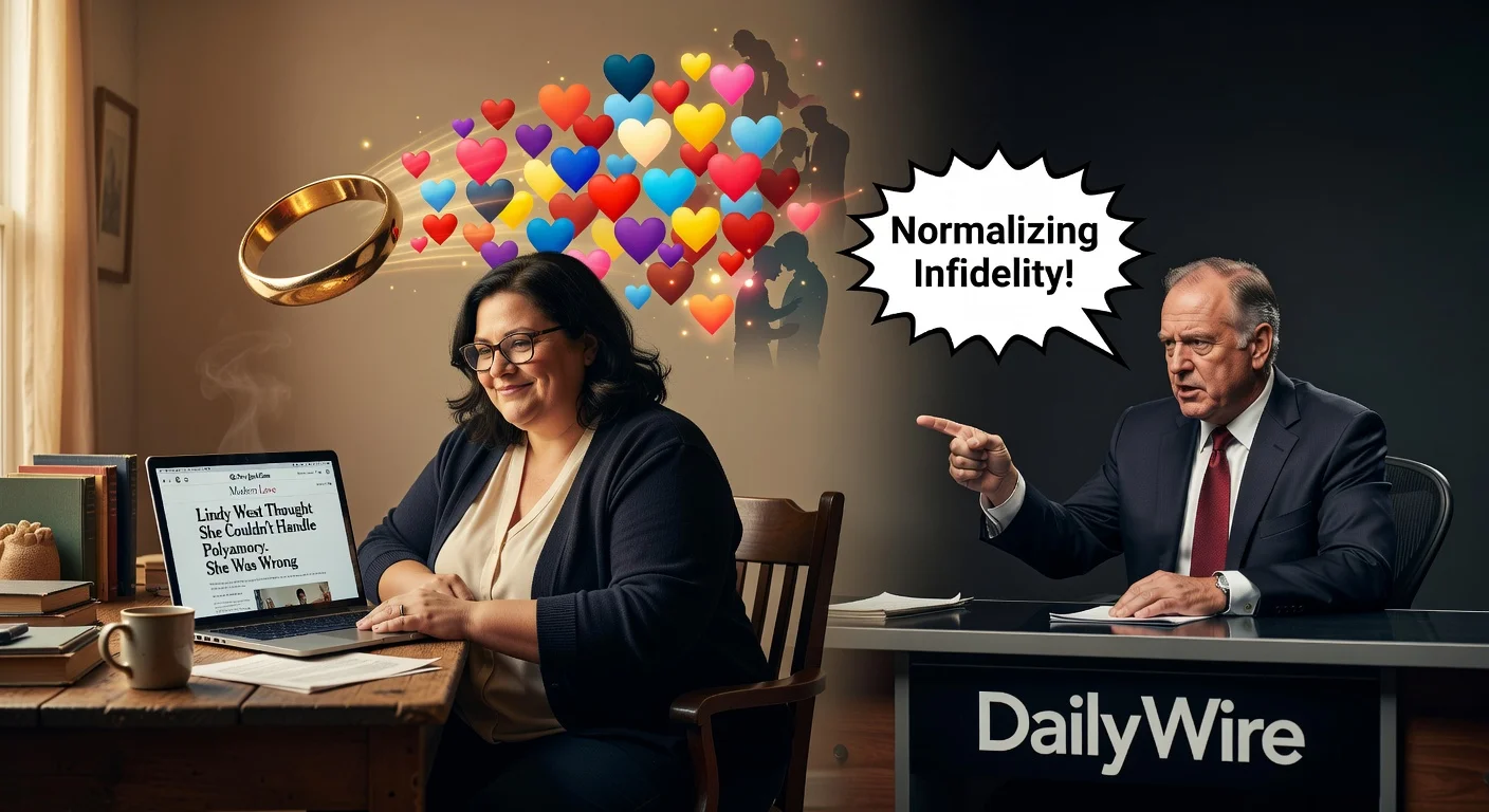 Realistic illustration contrasting Lindy West's empowering non-monogamy story in NYT Modern Love with backlash from a Daily Wire commentator.