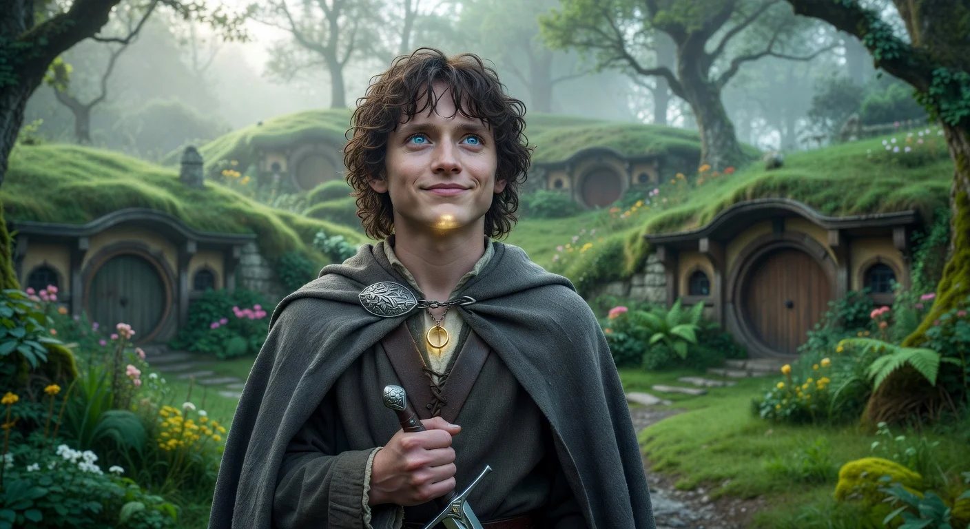Elijah Wood portrayed as Frodo Baggins in the Shire, symbolizing his potential return in the new Lord of the Rings film 'The Hunt for Gollum'.