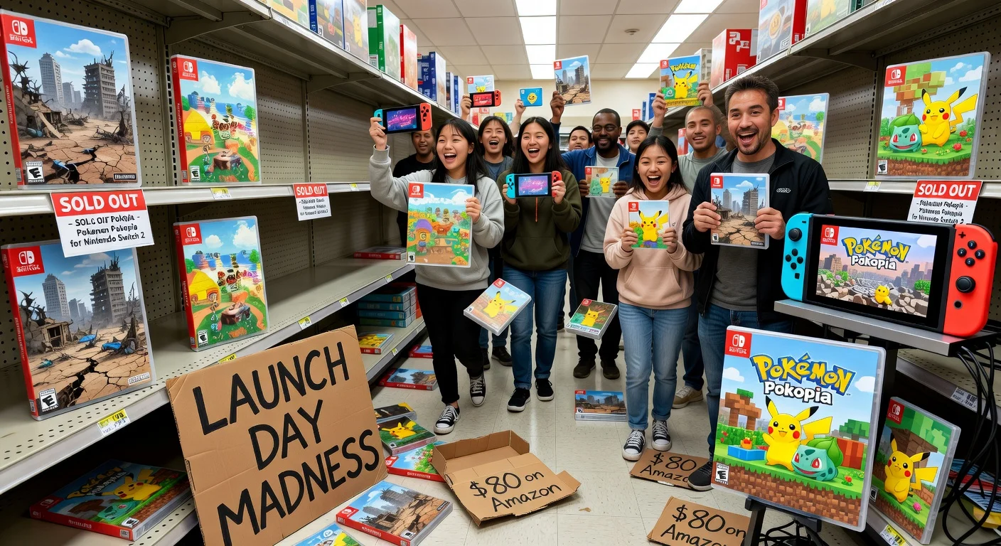 Sold-out shelves of Pokémon Pokopia game for Nintendo Switch 2 at a major retailer, with resale price tags and excited customers.