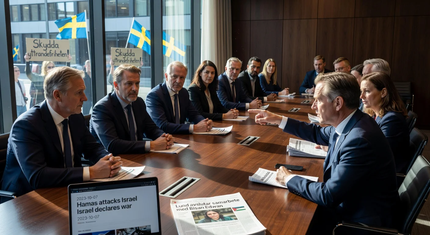 Tense Lund municipality meeting ending collaboration with author Bisan Edwan over Hamas support controversy, with free speech protesters visible outside.