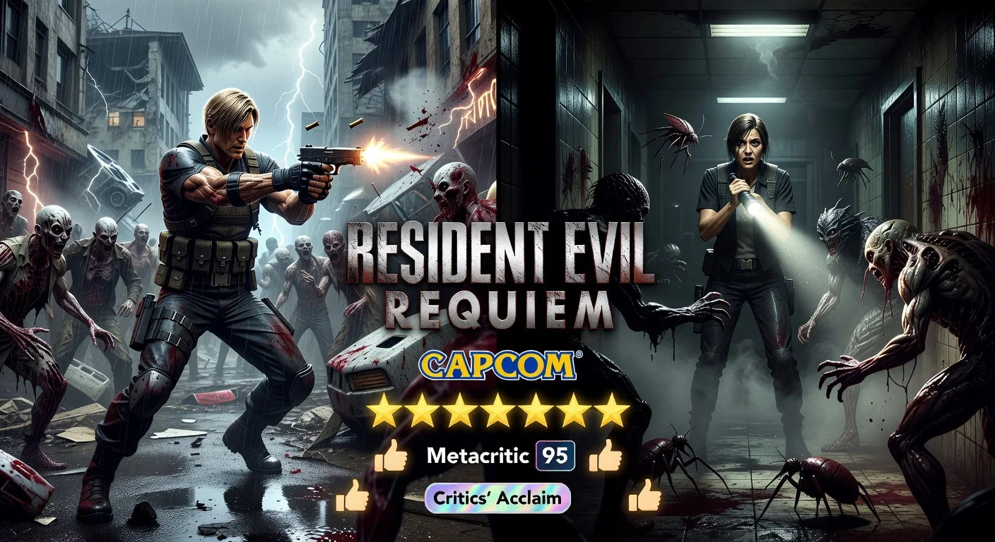 Split-scene illustration of Leon Kennedy in action and agent Grace in horror from Resident Evil Requiem, overlaid with critical acclaim awards for a gaming news article.
