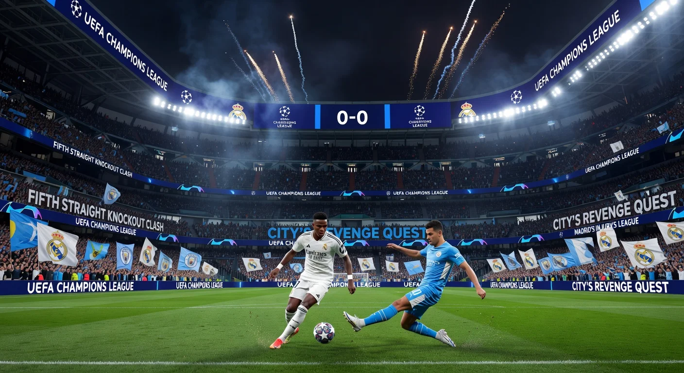 Dramatic night scene of Real Madrid hosting Manchester City in Champions League round of 16 at Santiago Bernabéu, capturing match intensity and fan fervor.