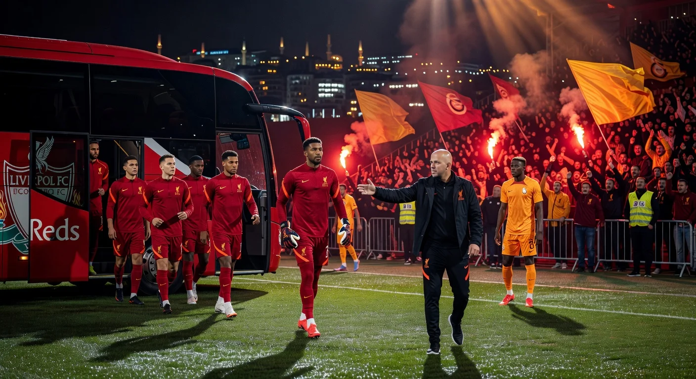 Liverpool FC team arrives in Istanbul for Champions League clash with Galatasaray without Alisson; Arne Slot's 100th game, illustration.