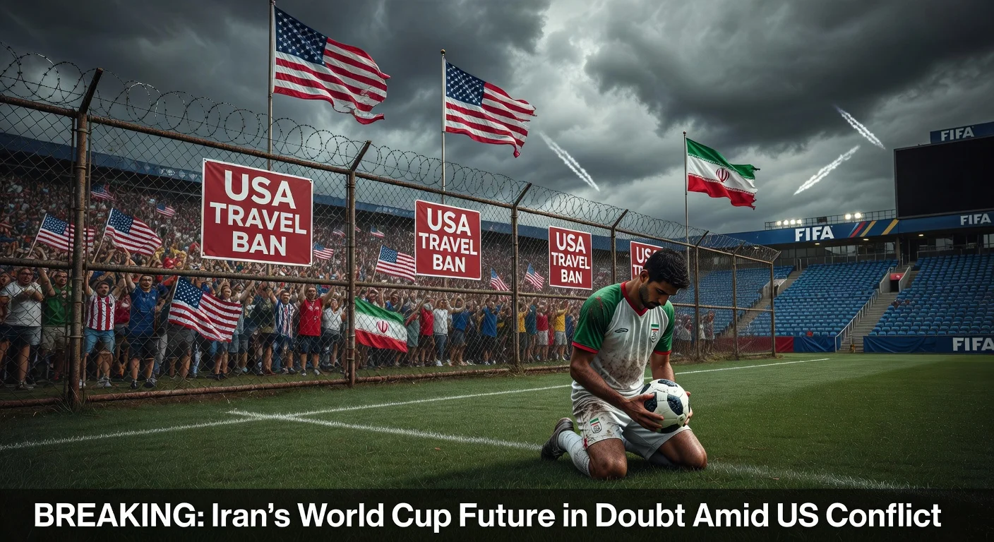 Dramatic illustration of an Iranian soccer player at a US-hosted 2026 World Cup stadium, symbolizing participation doubts amid US-Iran tensions and travel bans.