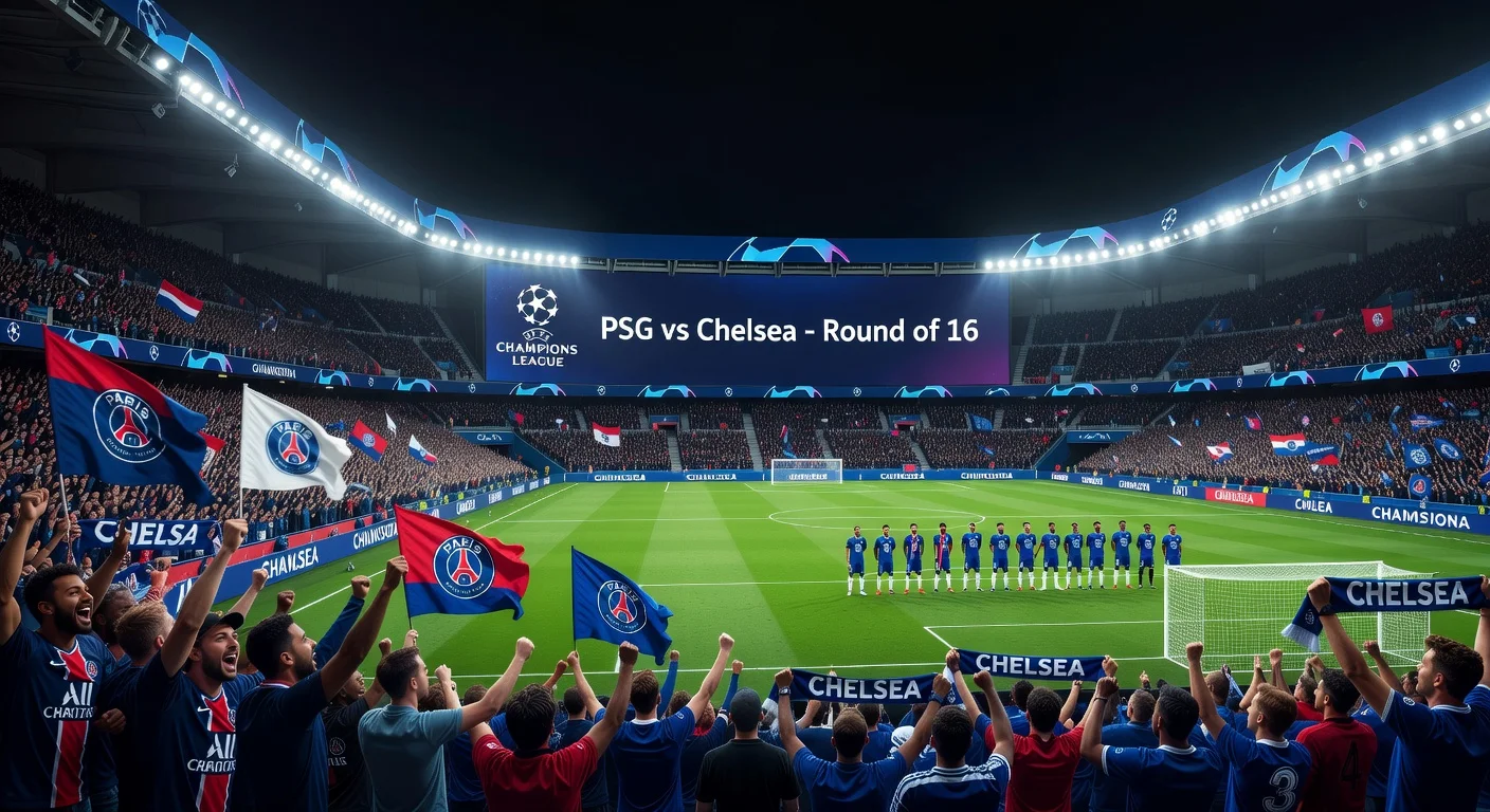 Vibrant night stadium scene of PSG vs Chelsea Champions League last-16 match at Parc des Princes, fans cheering under floodlights.