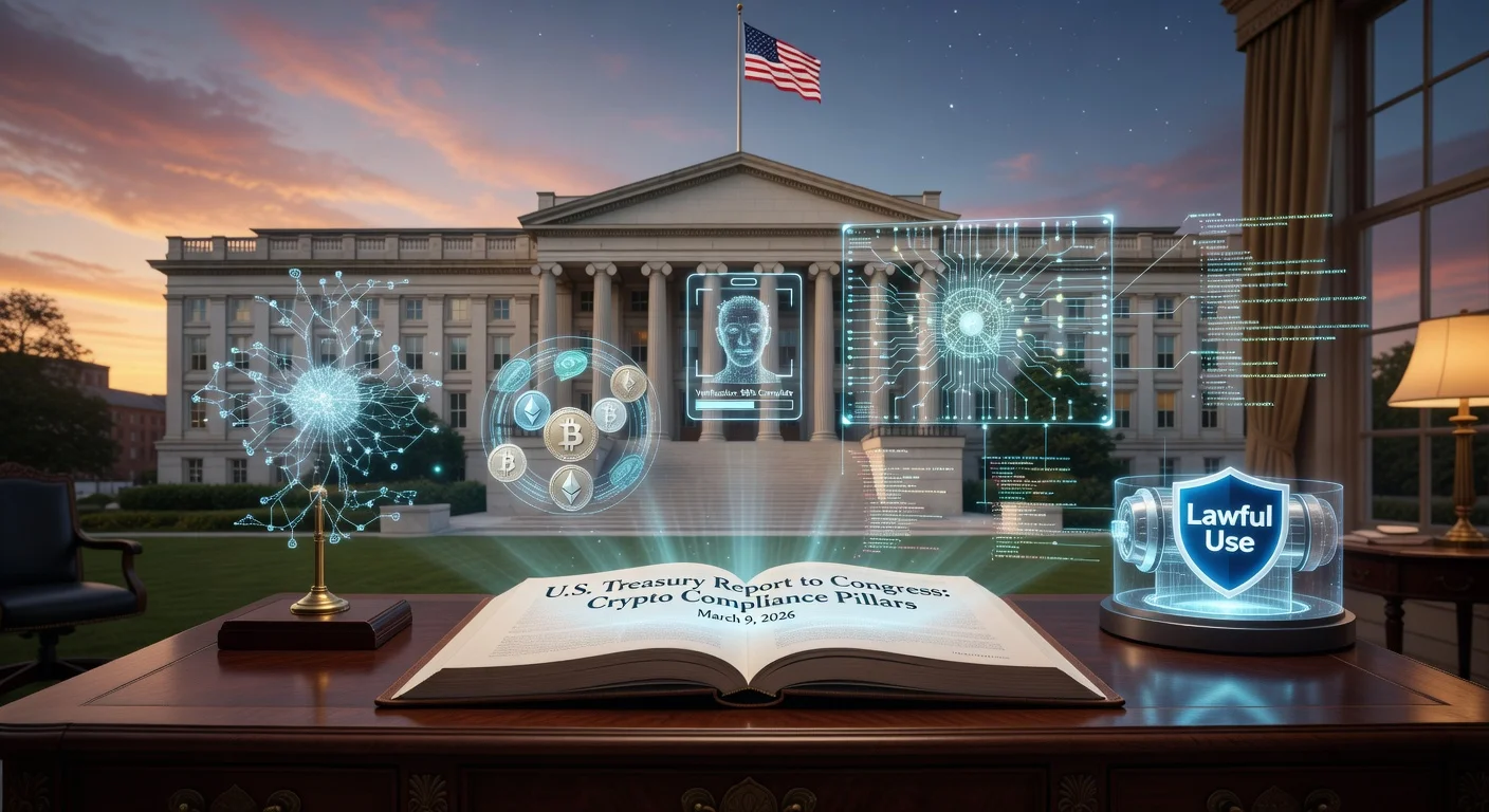 U.S. Treasury report illustration showing holographic tech pillars for crypto compliance: AI monitoring, digital ID, blockchain analytics, and data APIs, with privacy mixer endorsement.
