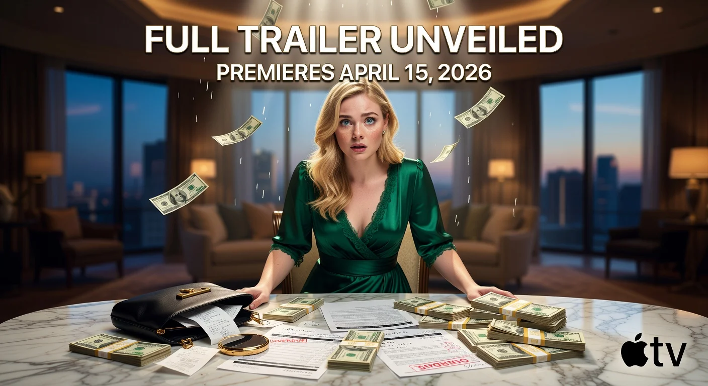 Elle Fanning as Margo in Apple TV's 'Margo's Got Money Troubles', surrounded by money in promotional trailer image.