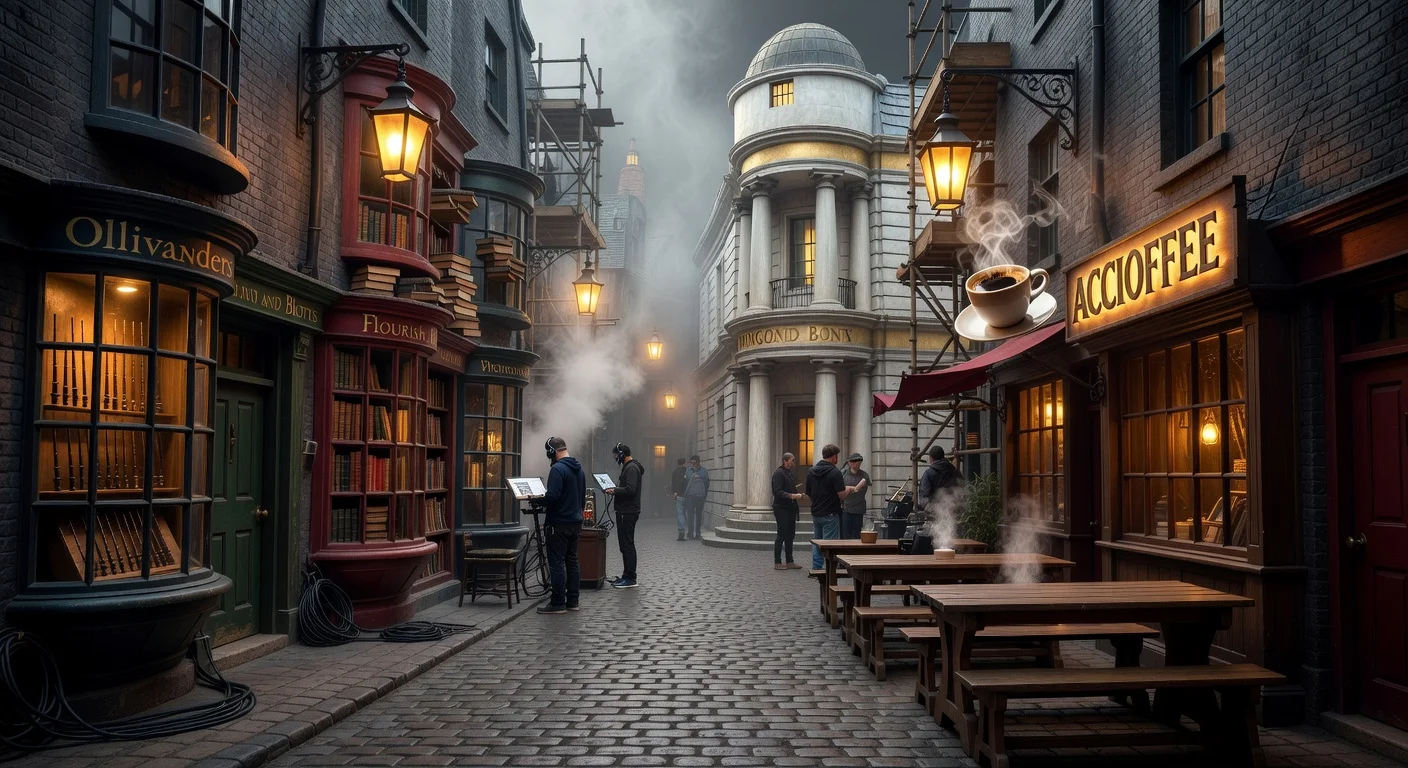 Realistic photo of the Diagon Alley set for HBO's Harry Potter TV series, featuring a narrower street and new Accioffee café.