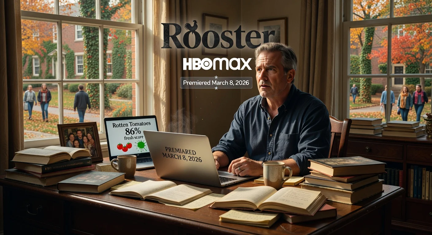 Steve Carell as author in college office for HBO's 'Rooster' premiere, featuring 86% Rotten Tomatoes score on Max.