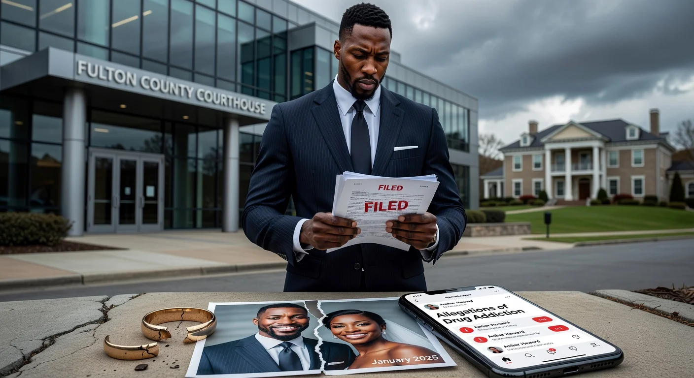 Dramatic illustration of Dwight Howard with divorce papers outside courthouse, symbolic elements of broken marriage and social media allegations.