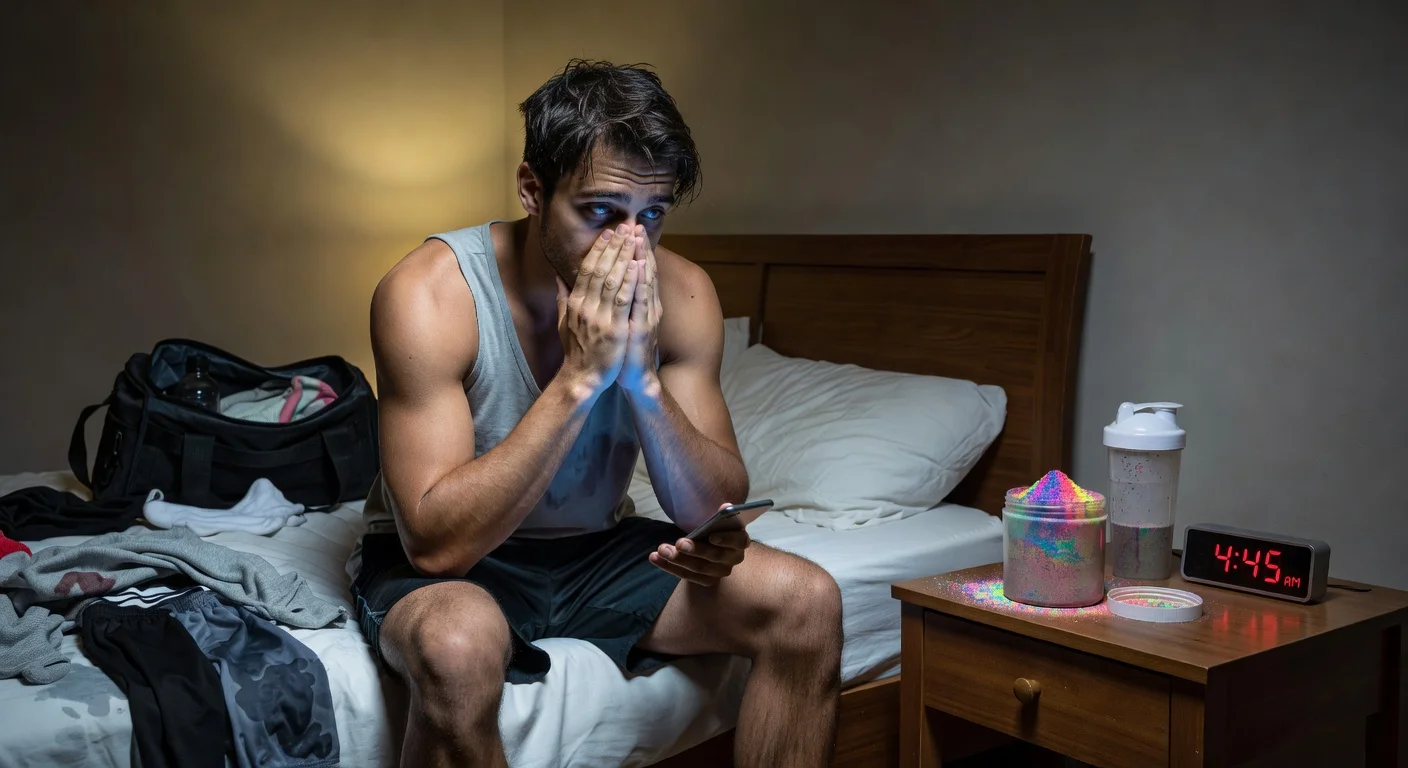 Sleep-deprived young adult with pre-workout supplement bottle and alarm clock showing short sleep duration.