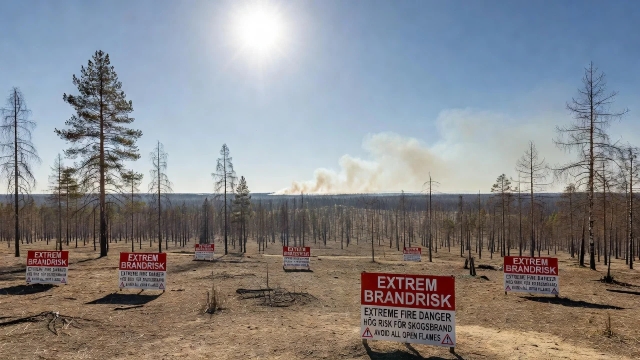 Dry forest landscape in Sweden showing high fire risk with smoke and warning signs under sunny skies.