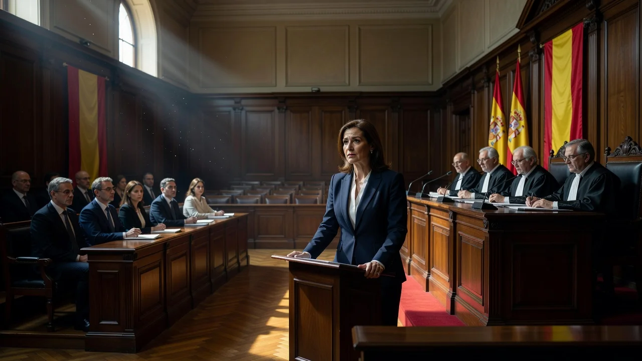 Illustration of Begoña Gómez in a Madrid courtroom during her jury trial on influence peddling and misappropriation charges.