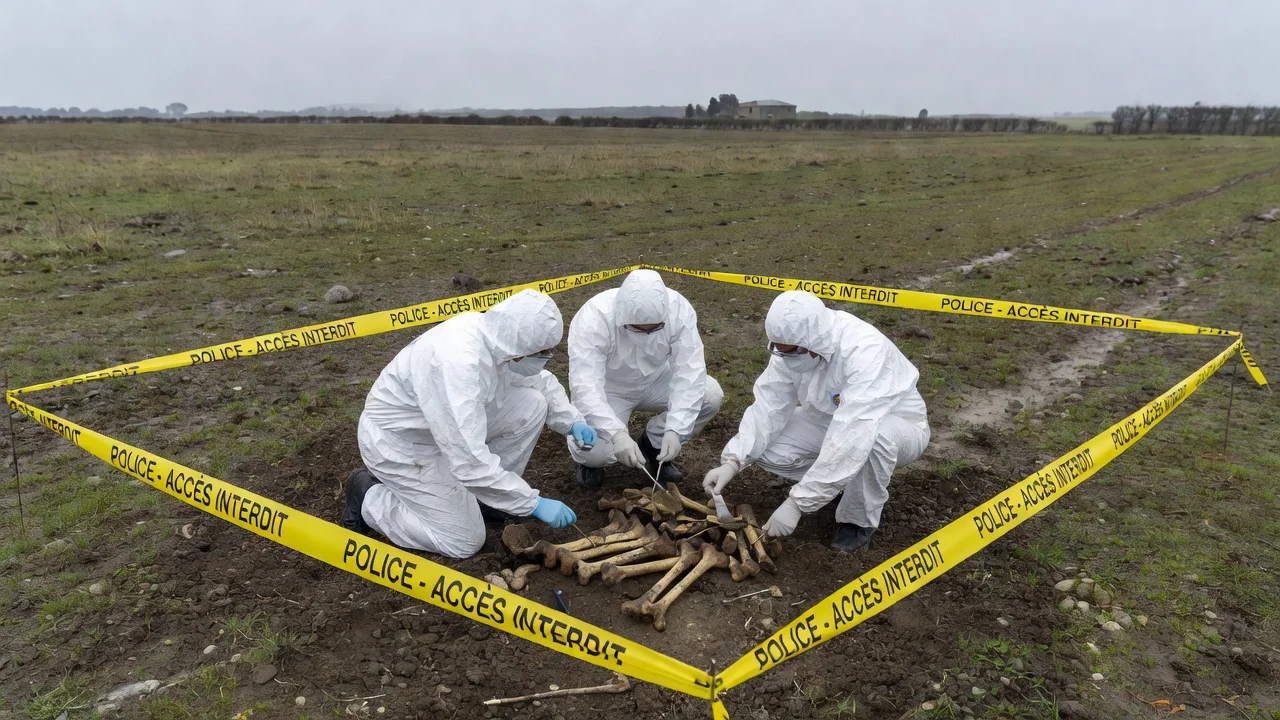 Forensic team examining bones at a crime scene in a field related to the Jubillar case.